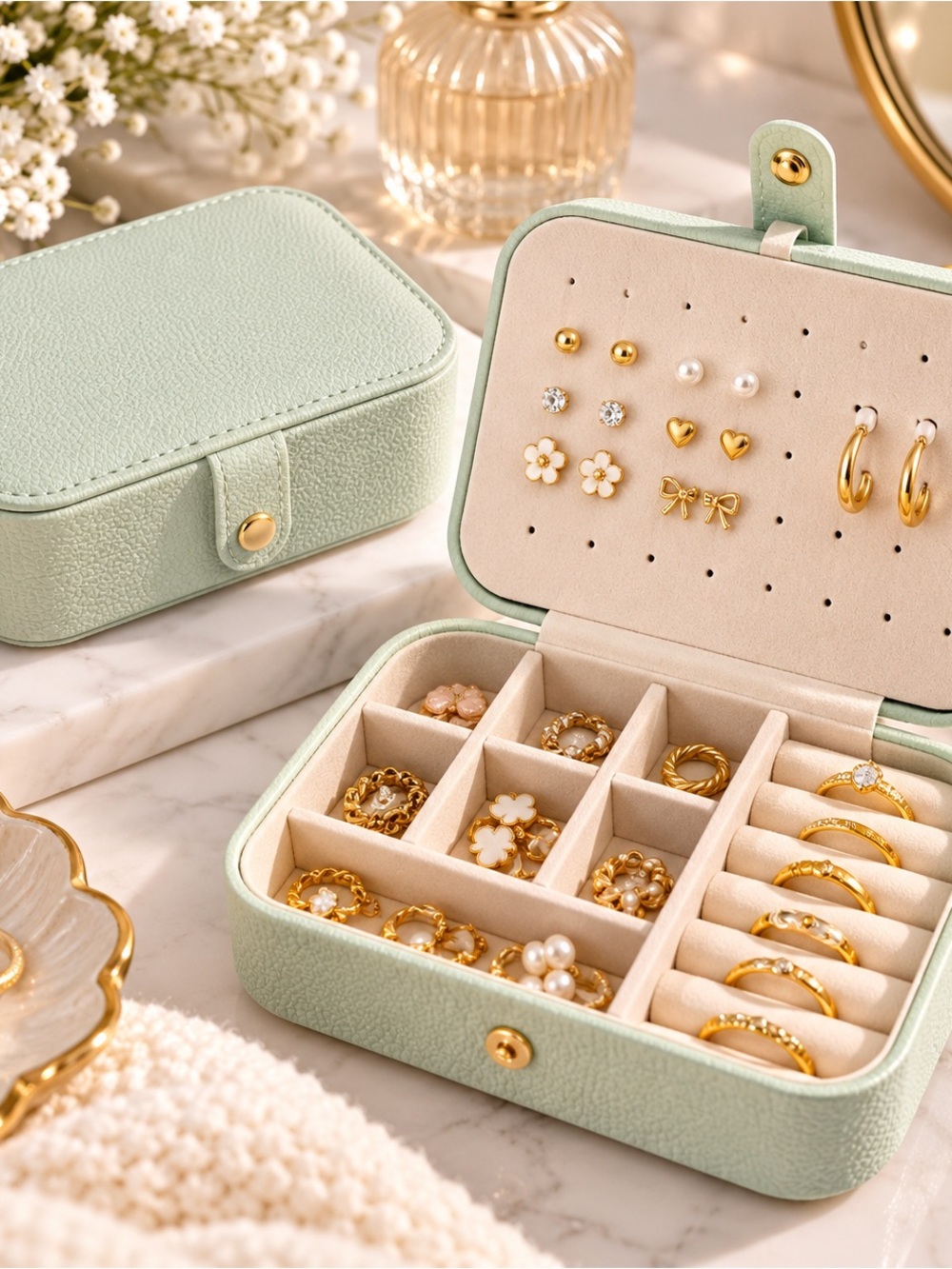TRAVEL JEWLERY BOX- Compact Mint Jewelry Organizer with Earring & Ring Storage